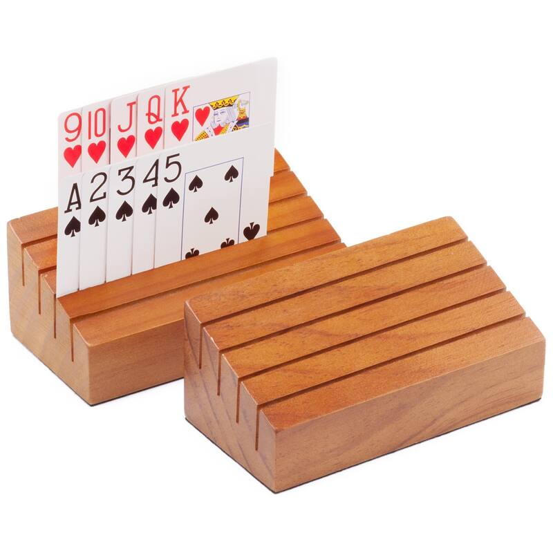 Set of 2 Wooden Playing Card Holders, 6" Card Game Trays/Racks